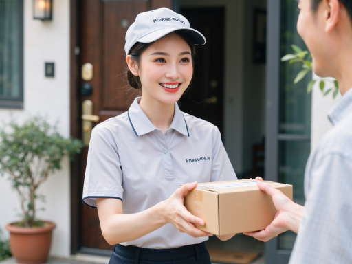 通辽跑腿服务团队工作场景,专业配送员穿着统一制服,手持配送物品,面带微笑,展现专业服务态度